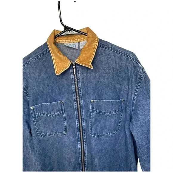 Vintage 90s Santa Fe Blues Retro Boho Denim Zip Up Shirt with Velvet Collar, M - Picture 4 of 7